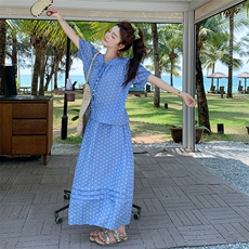 盐甜系度假风波点套装裙女2025夏新款短袖衬衫半身裙小个子两件套，女装套装/套裙，浙宝305