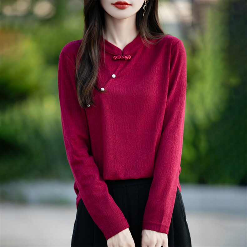 女士秋冬针织衫打底简约中式优雅珍珠装饰长袖毛衣,针织衫/毛衣,绒宛羊绒