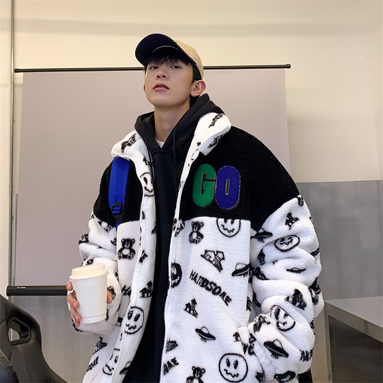 港风夹克外套男拼接羊羔毛夹棉棉袄棉服羊剪绒棉衣3322-P90控138图片