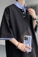 8XL-M假两件衬衫领短袖T恤大码夏季条纹拼接polo衫半袖DX1211/P45，男装T恤，电商B238