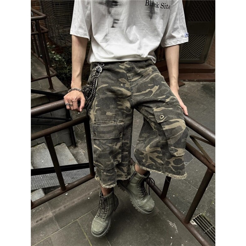 美式复古街头大口袋毛边迷彩工装七分裤男女cleanfit宽松休闲短裤图片