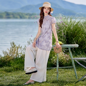 新中式国风套装女2025夏季新款高级感巨好看盘扣上衣阔腿裤两件套图片