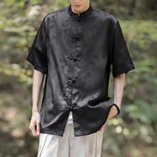 现货新中式男士竹叶仿醋酸天丝提花短袖衬衫CS9898-P65控89，男装衬衫，电商A021