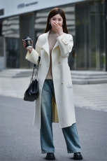 2025秋冬新款高领双面呢羊毛呢子女中长款赫本风双面羊绒大衣白色，女装双面呢大衣，亿美羊绒