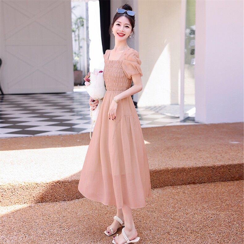 现货天丝连衣裙女2025新款夏季薄款泡泡袖法式气质收腰连衣裙,女装连衣裙,丽美静依