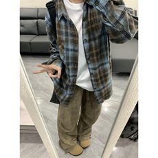 vintage潮牌磨毛格子衬衫男秋季美式高街设计感格纹长袖衬衣外套，男装衬衫，星座1007（原301D）