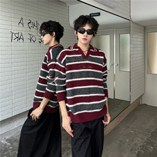 秋冬美式宽松潮牌高街条纹撞色v领针织衫毛衣男潮流宽松MZ912-P58，男装针织衫/毛衣，星座412-3