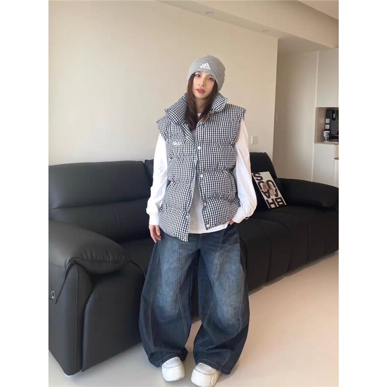 弯刀设计感水洗深蓝色牛仔裤女美式复古高街拖地直筒阔腿宽松裤子,男装牛仔裤,星座1210-1