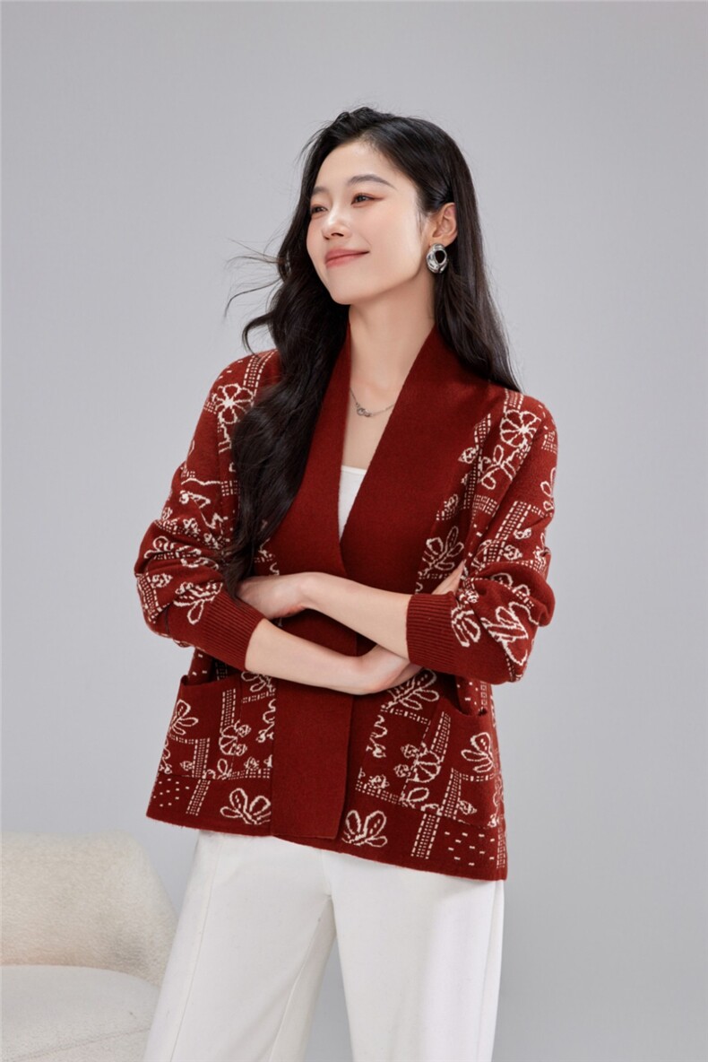 2025秋冬百搭时尚简约v领拼色开衫针织衫，女装针织衫/毛衣，雅之冉羊绒