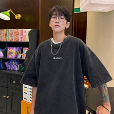 量大优供视频240g重磅美式炒雪花水洗做旧短袖t恤STX402-特P25，男装T恤，电商B371