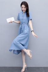 天丝牛仔衬衫连衣裙2024年夏季V领时髦收腰显瘦洋气减龄夏天裙子A，女装连衣裙，木橙西子