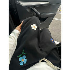 小花刺绣垂坠感卫裤男秋季美式高街宽松直筒拖地运动潮流休闲裤子，男装休闲裤，电商A001-1