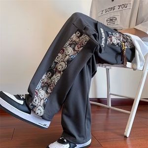 风小熊拼接潮牌直筒休闲长裤工装裤子男春秋款宽松大码运动裤图片