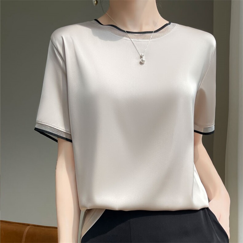 短袖薄款醋酸缎面夏季百搭宽松显瘦圆领套头休闲打底半袖T恤上衣，女装蕾丝衫/雪纺衫，羊特美羊绒