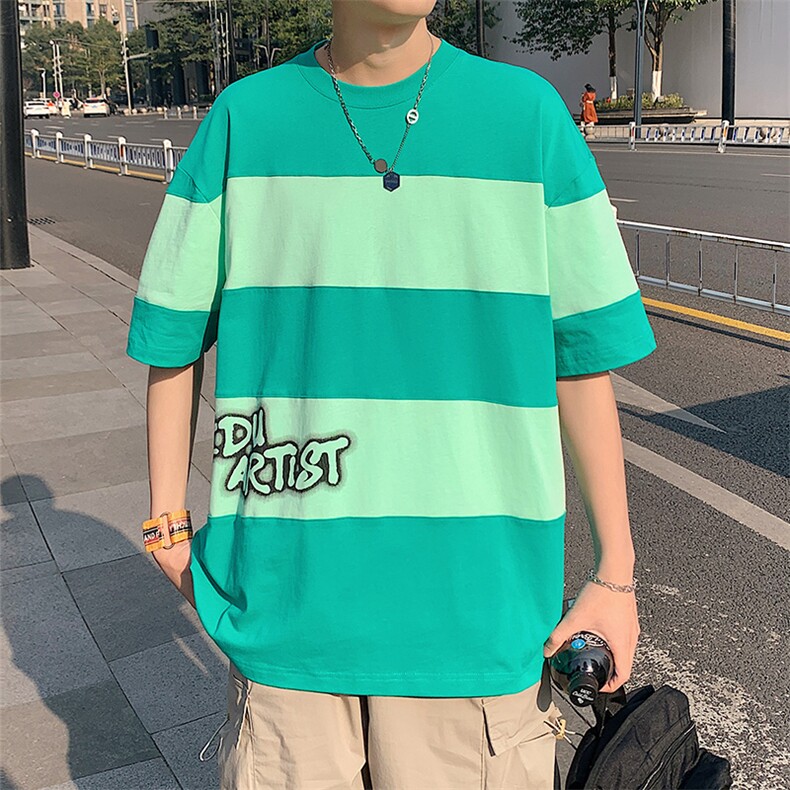 得物抖音40支双纱高品质运动半袖条纹印花短袖T恤男女T7231-P45,男装T恤,电商A441-1