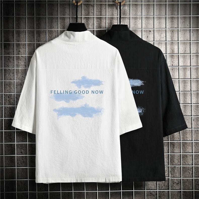 HF59143-P40风汉服男开衫外套七分袖道袍网格挂拍，男装民族服装，电商A040A