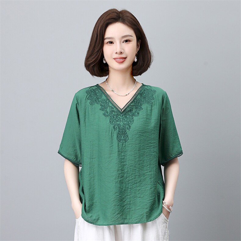 优雅刺绣V领短袖衬衫女夏季新款宽松显瘦百搭上衣气质女装,女装衬衫,叶笙衣