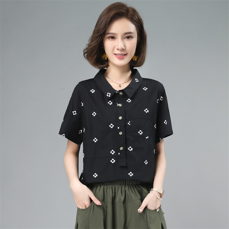 2024年夏装新款纯棉套头衬衫女短袖韩版宽松显瘦时尚减龄刺绣上衣图片
