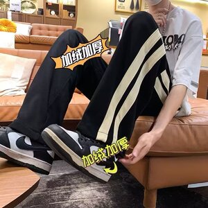 不倒绒 休闲裤男条纹拼色2023秋冬季ins长裤K4735-常规P30-加绒39图片