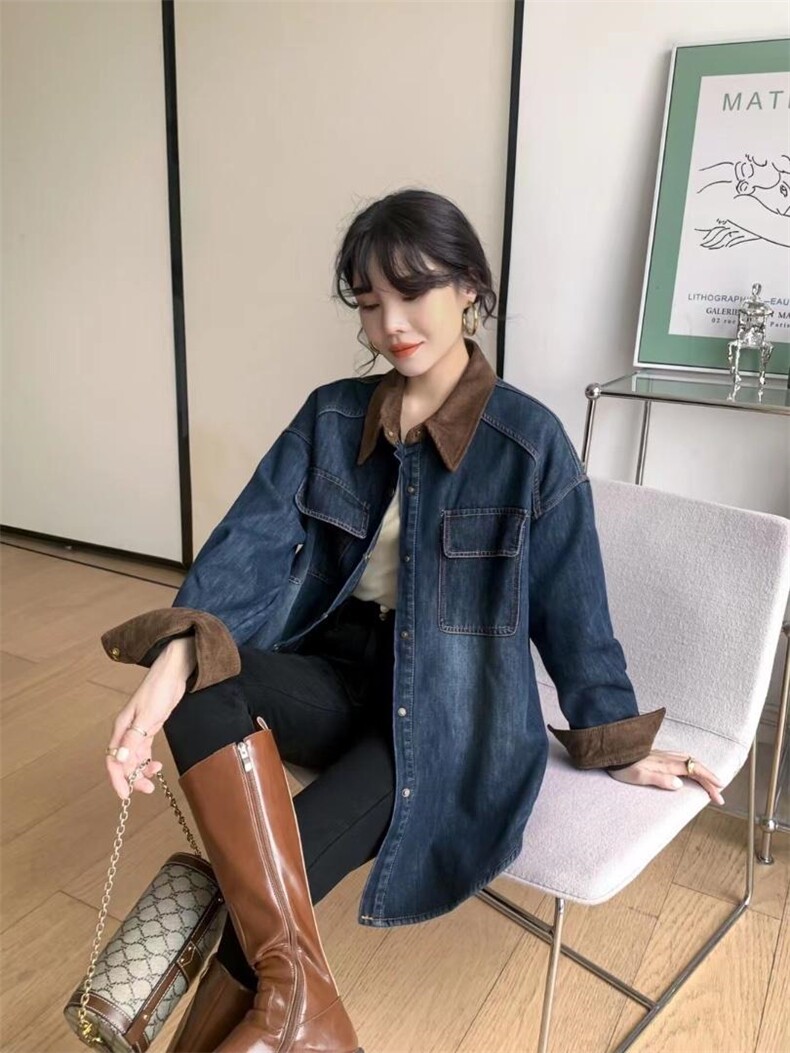 爱美欧现货撞色领加绒牛仔衬衣，其它，爱美欧