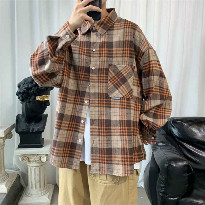 衬衫男2025春季新款港风大码宽松长袖磨毛格子衬衣CS37-P38，男装衬衫，星座214-3