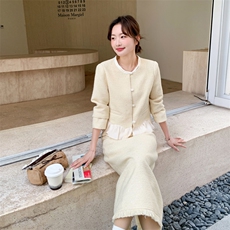 现货-2026年春季纯色拼接花边休闲时尚小香风两件套套装外套女，女装套装/套裙，霓裳依族