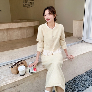 现货-2026年春季纯色拼接花边休闲时尚小香风两件套套装外套女图片