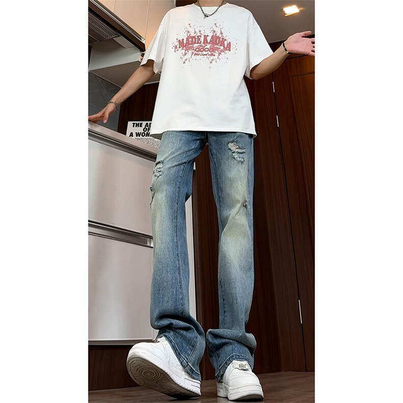 B221美式ins高街暗黑高品质微喇破洞弹力牛仔裤LK24192-P65控88,男装牛仔裤,电商B221