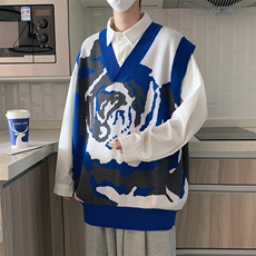 秋季潮宽松休闲针织衫玫瑰抽象艺术V领无袖毛衣背心男M597-P37，男装背心/马甲，星座512-2