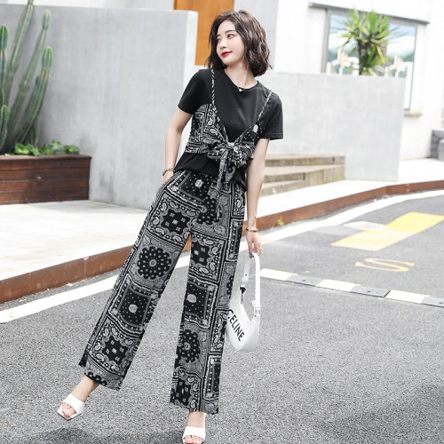 时尚套装黑色短袖T恤下摆开叉连体裤2022夏季女装新款三件套套裤,女装套装/套裙,霓裳依族