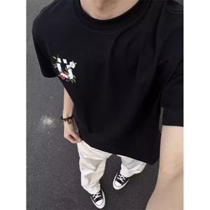 复古花卉刺绣印花短袖T恤男女2025新款嘻哈宽松短袖T恤 TS05图片