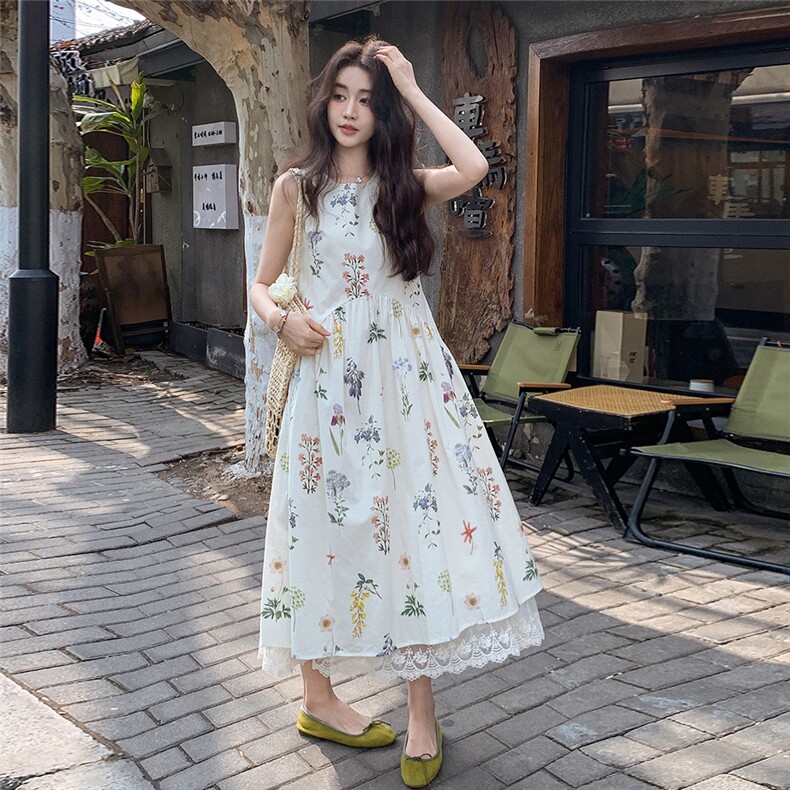 蕾丝花边碎花无袖背心连衣裙女夏2025新款显瘦绝美爆款超好看长裙,女装连衣裙,2C176