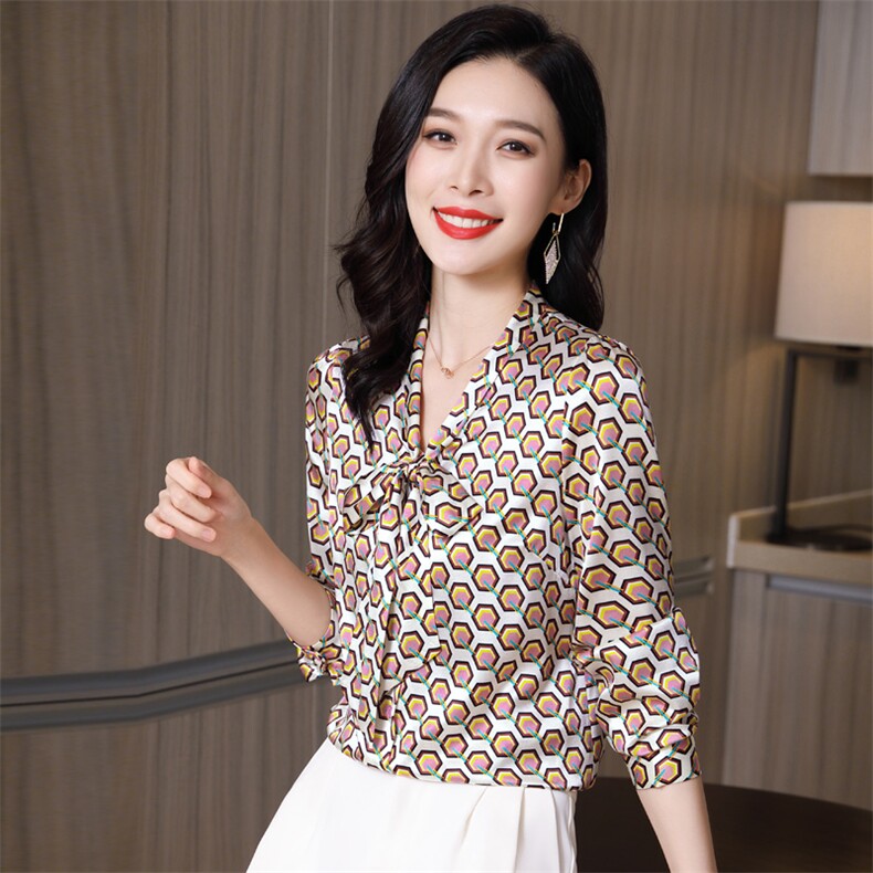 高级感真丝衬衫女长袖时尚洋气2026新款真丝上衣蝴蝶结飘带小衫图片