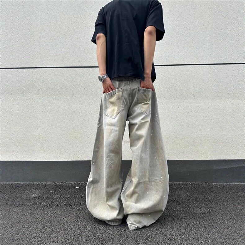 美式复古泼墨破洞弯刀牛仔裤男女夏季宽松直筒阔腿拖地裤子,男装牛仔裤,星座516A