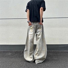 美式复古泼墨破洞弯刀牛仔裤男女夏季宽松直筒阔腿拖地裤子，男装牛仔裤，星座516A