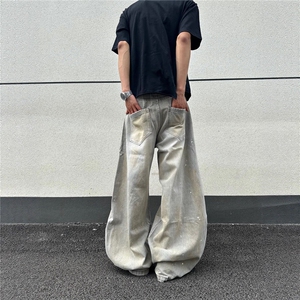 美式复古泼墨破洞弯刀牛仔裤男女夏季宽松直筒阔腿拖地裤子图片