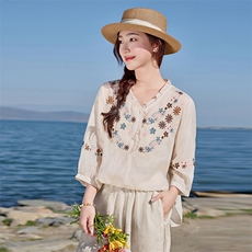 2026年春季女短袖宽松亲肤透气薄常规苎麻，女装衬衫，江南依恋