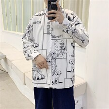 日系复古抽象涂鸦印花宽松衬衣潮男装chic长袖衬衫W1113-P35，男装衬衫，星座512-4
