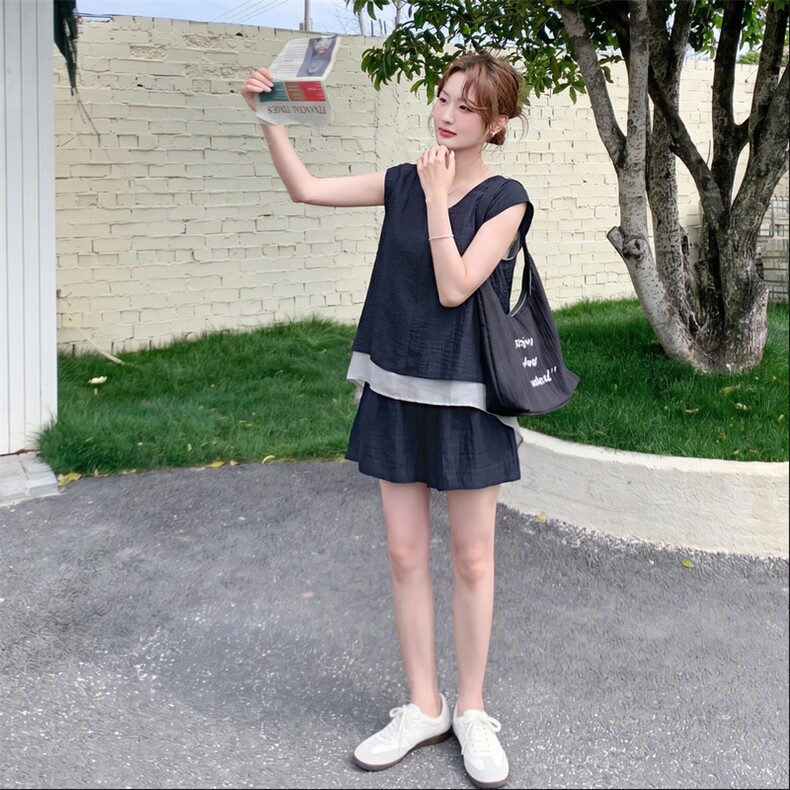 时尚潮流休闲运动纯色两件套2026年夏季轻薄撞色宽松型,女装套装/套裙,秀美人生