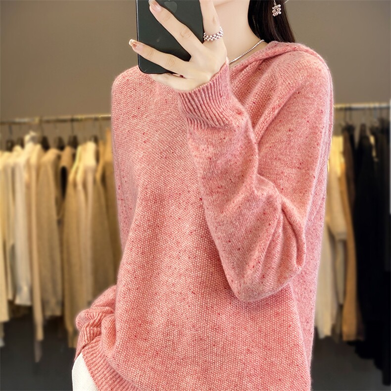 羊毛连帽针织衫女v领帽衫点子纱一线成衣气质减龄带帽毛衣宽松，女装羊毛衫，片语羊绒