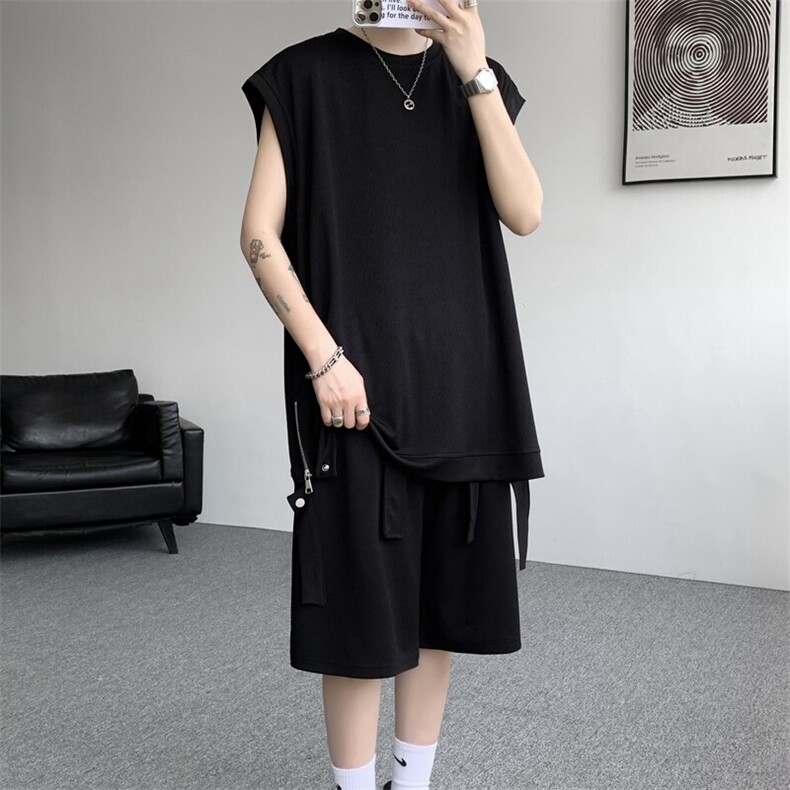 无袖T恤套装垂感冰丝背心大码穿搭衣服运动坎肩两件套TZ1706/P65,男装T恤,电商B238