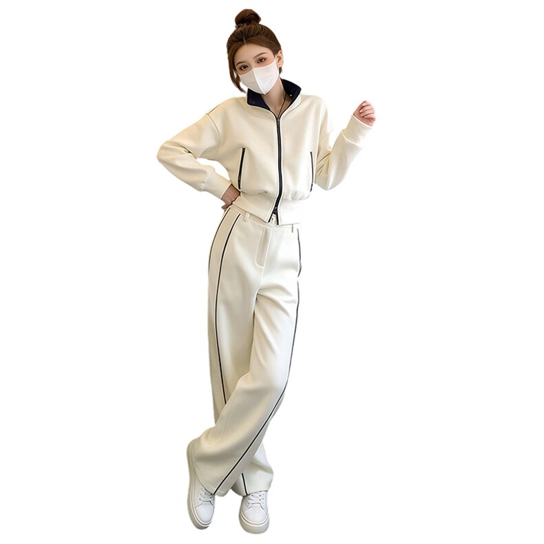欧货休闲时尚套装女春款白色短款立领双头拉链卫衣阔腿长裤两件套,女装套装/套裙,2C310