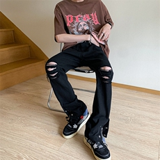 新款美式高街ins小众拉链排扣破洞休闲牛仔裤货号K642P6078，男装牛仔裤，电商A063