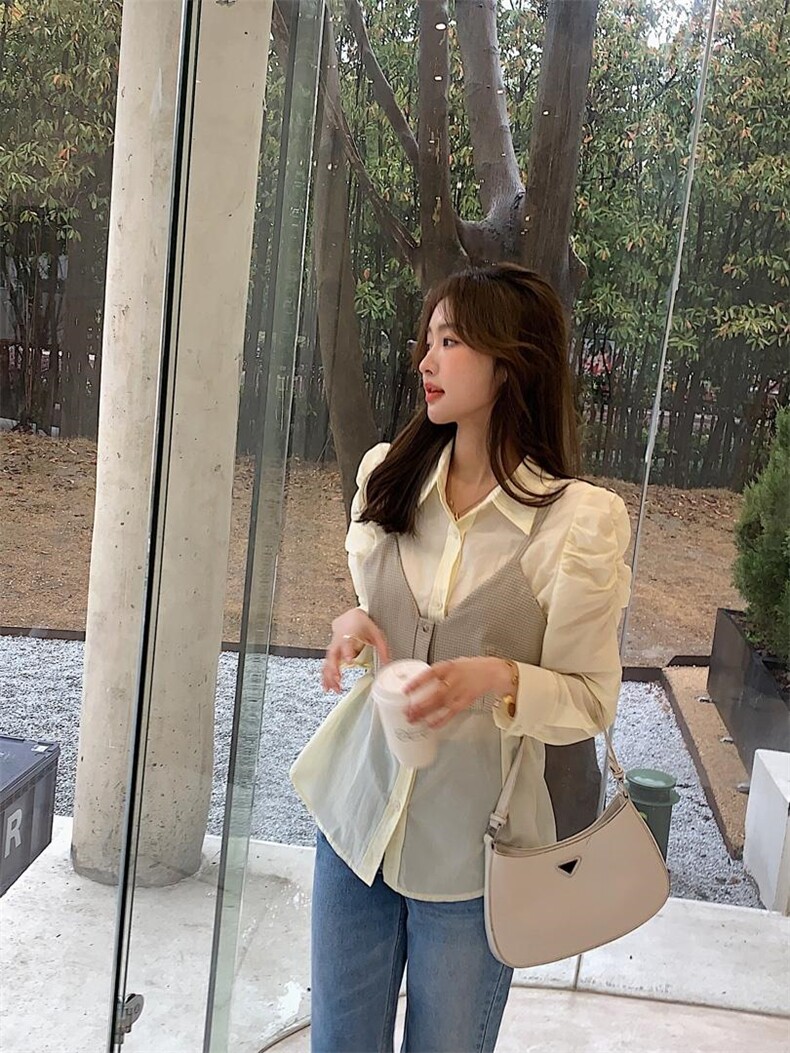 【现货】春款新泡泡袖背心两件套衬衫，女装背心吊带，NIY