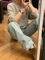 休闲插肩百搭长袖圆领套头毛衣，女装针织衫/毛衣，圣旺供货