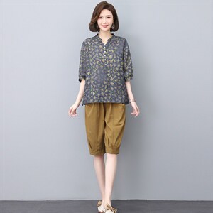 夏季纯苎麻上衣裤子两件套2022年夏季女款中年妈妈时尚套装图片