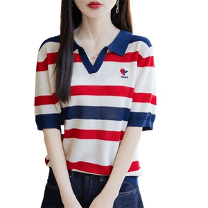 莱赛尔天丝针织衫女夏季新款韩版冰丝短袖T恤薄翻领洋气减龄条纹图片