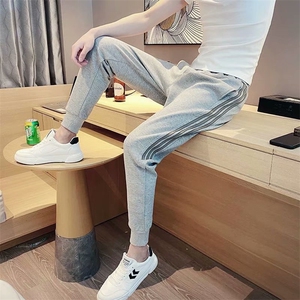 休闲九分裤子男夏季薄款网红潮牌潮流时尚百搭条纹小脚运动裤图片