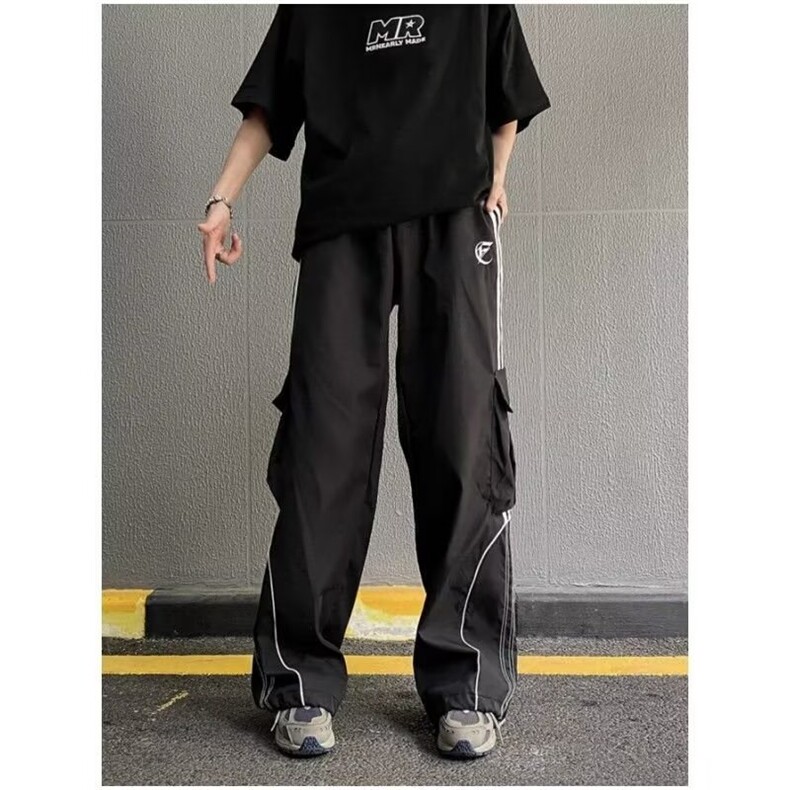 美式复古宽松休闲条纹运动裤秋男女阔腿hiphop工装裤子LB3299-p48,男装休闲裤,星座1008