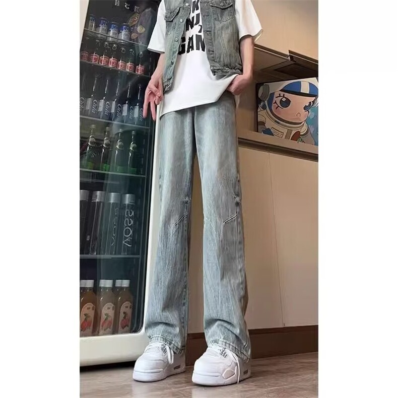 夏季美式复古ins高街竹节纹针缝牛仔裤男微喇裤宽松直筒痞帅长,男装牛仔裤,星座218-1（原230）